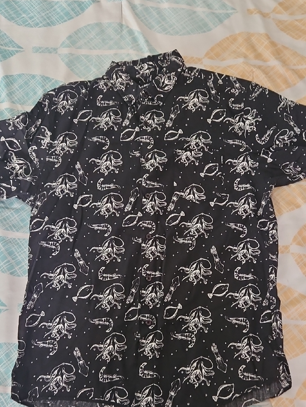 Black Short-Sleeve Button-Down Shirt with White Nautical Octopus Print